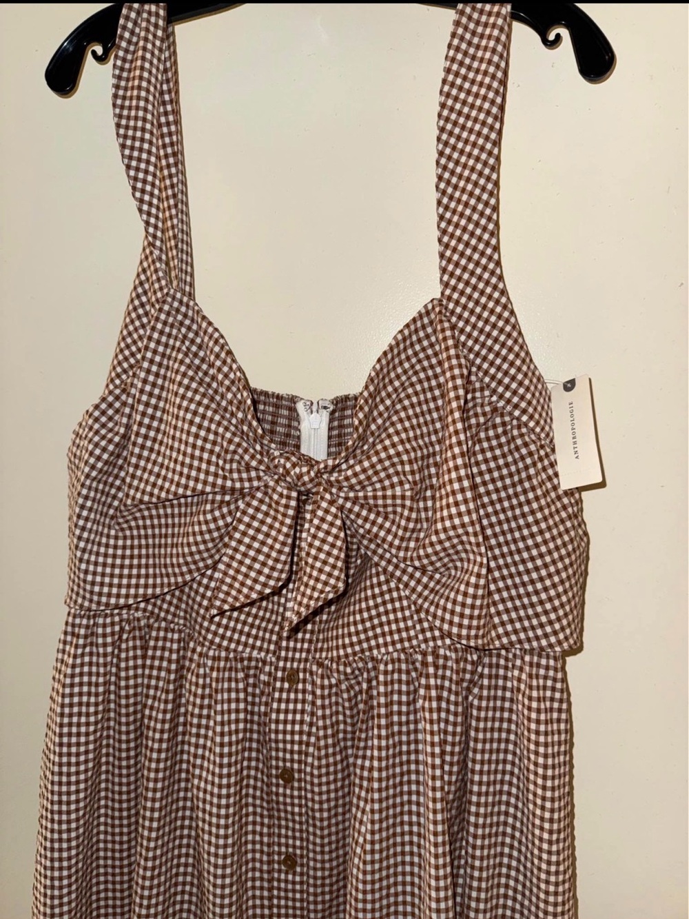 Anthropologie Brown Gingham Midi Dress with Front Tie